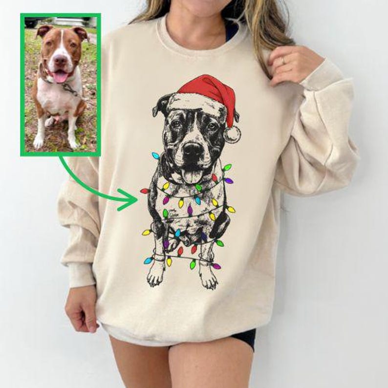 Custom Pet Christmas Crewneck with Santa Hat & Lights, Custom Dog Cat Graphic Tee