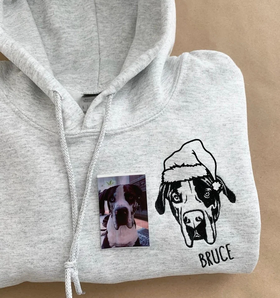 Custom Embroidered Pet Photo Pet Name Sweatshirt With Santa Hat | Christmas Gift for Pet Lover