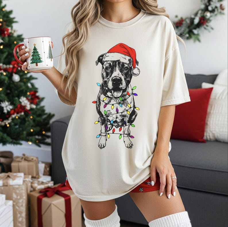Custom Pet Christmas Crewneck with Santa Hat & Lights, Custom Dog Cat Graphic Tee
