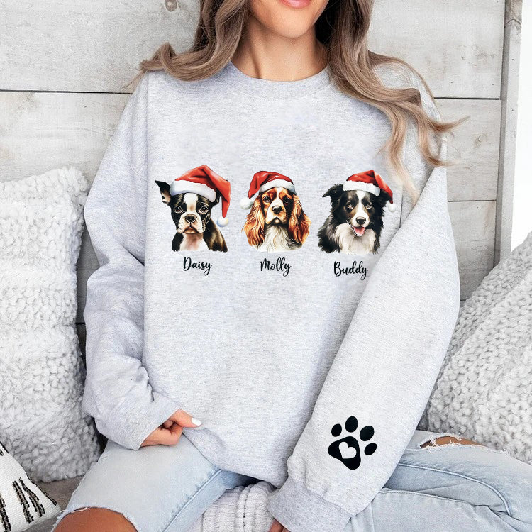 Custom Pet Christmas Sweatshirt Personalized Santa Hat Garland Full Color Heat Transfer Crewneck for Dogs and Cats