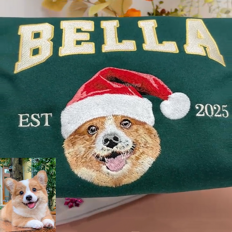 Custom Christmas Preppy Detail Embroidered Pet Portrait Sweatshirt Hoodie with Santa Hat | for Pet Lover