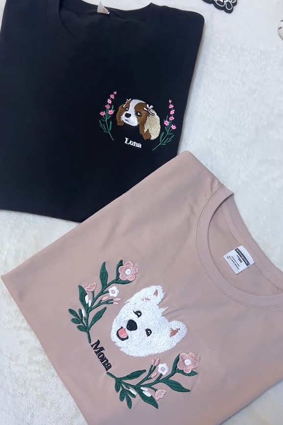 Custom Premium Handcrafted Pet Photo Embroidery T-shirt Sweatshirt Hoodie with Wreath Design