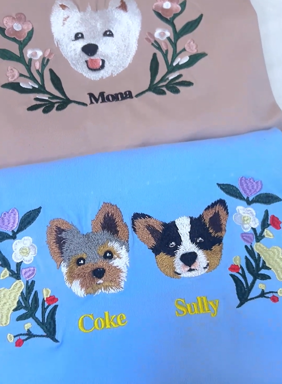 Custom Premium Handcrafted Pet Photo Embroidery T-shirt Sweatshirt Hoodie with Wreath Design