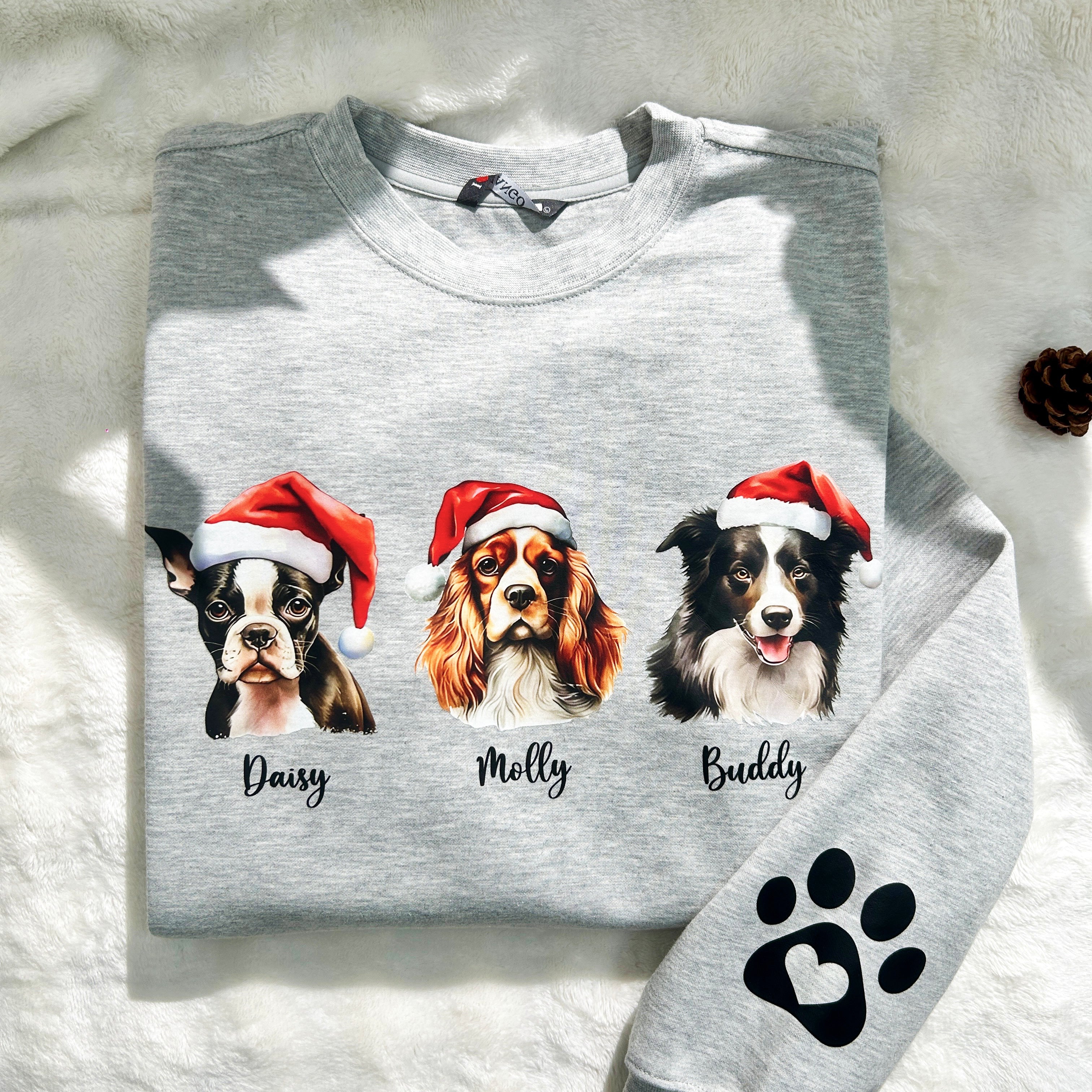 Custom Pet Christmas Sweatshirt Personalized Santa Hat Garland Full Color Heat Transfer Crewneck for Dogs and Cats