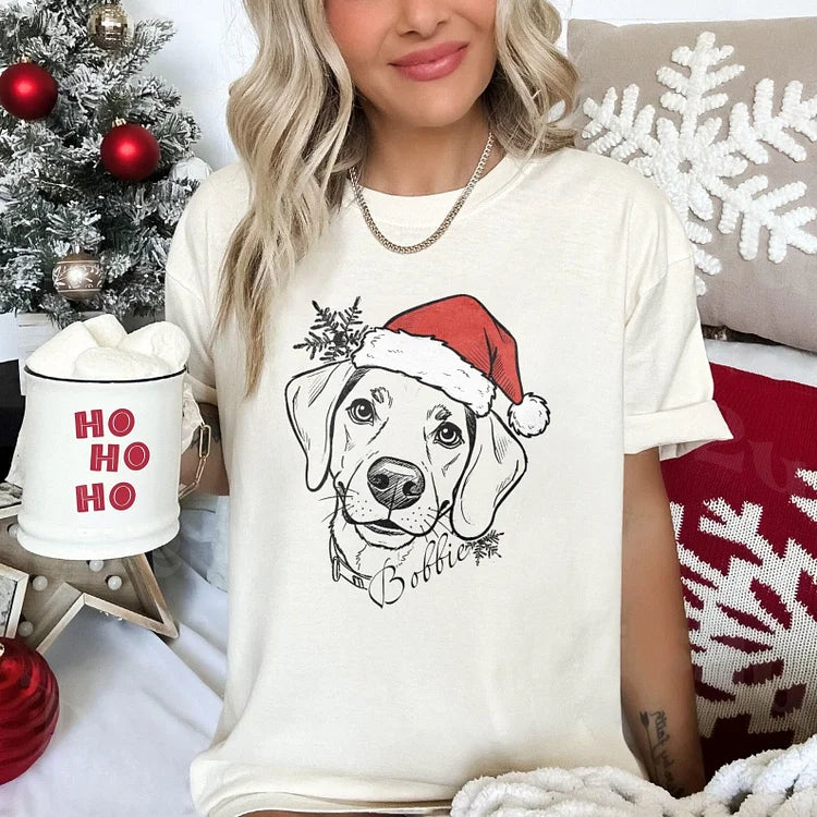 Vintage Custom Santa Paws Christmas Dog Santa Hat Graphic Crewneck T-shirt