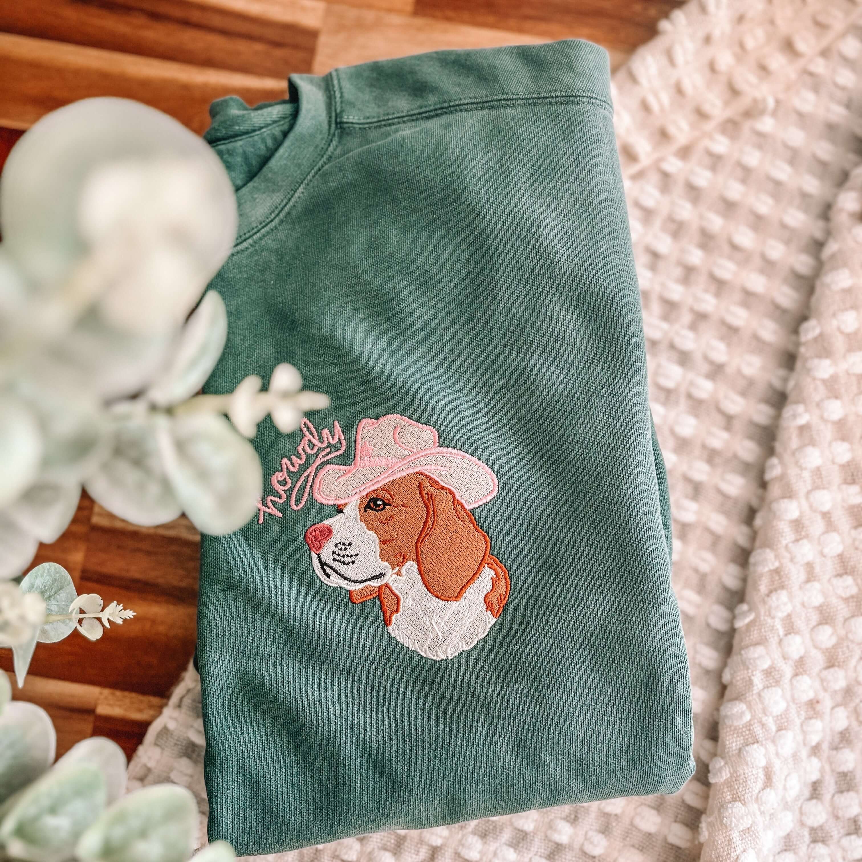 Pet Portrait Embroidery – Custom Hat-Wearing Pet Embroidery on T-shirt, Sweatshirt, or Hoodie