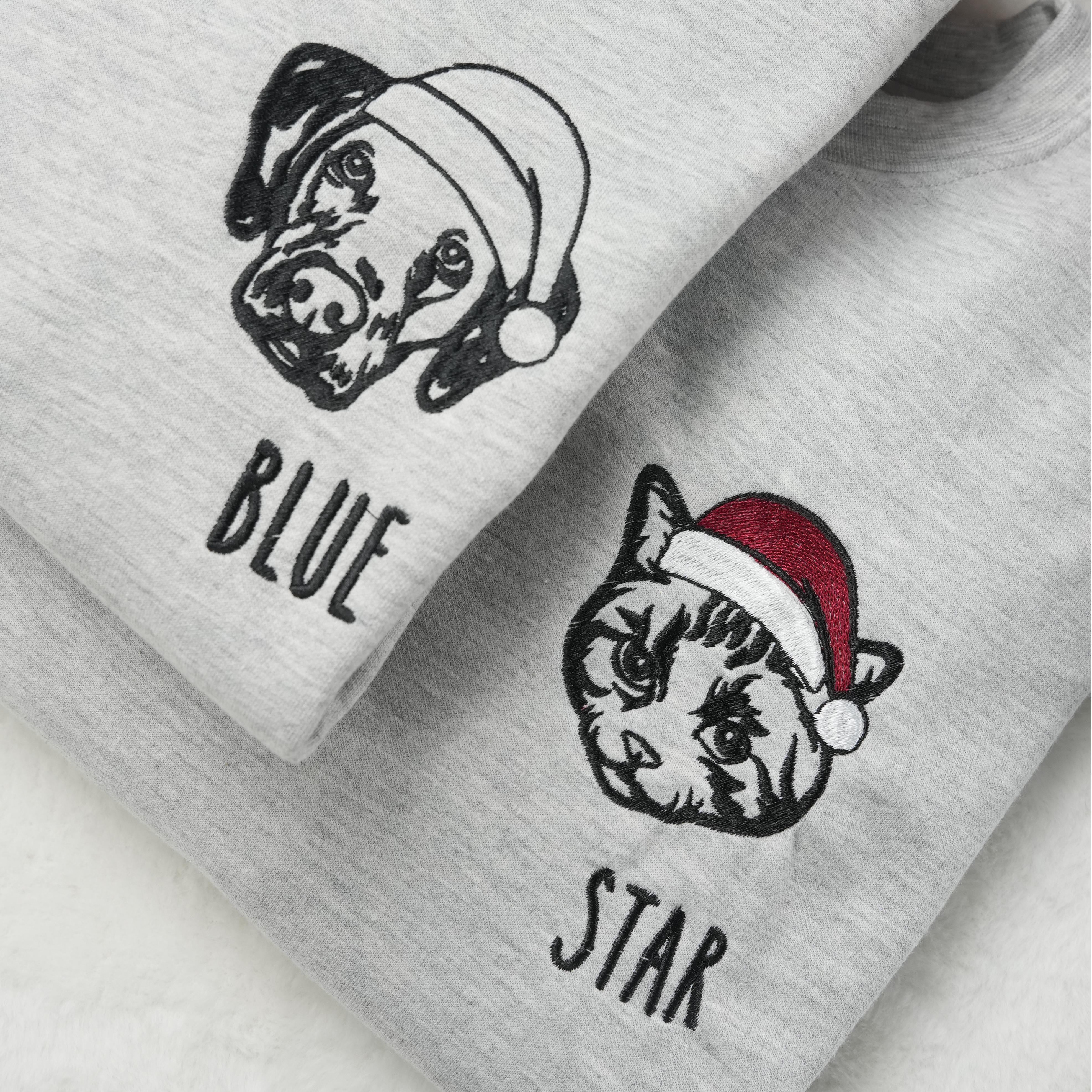 Custom Embroidered Pet Photo Pet Name Sweatshirt With Santa Hat | Christmas Gift for Pet Lover