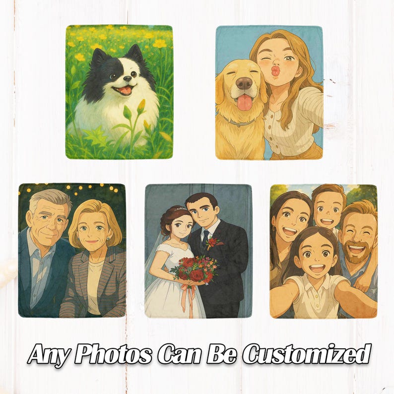 Personalized Cartoon Family and Pet Portraits Blanket