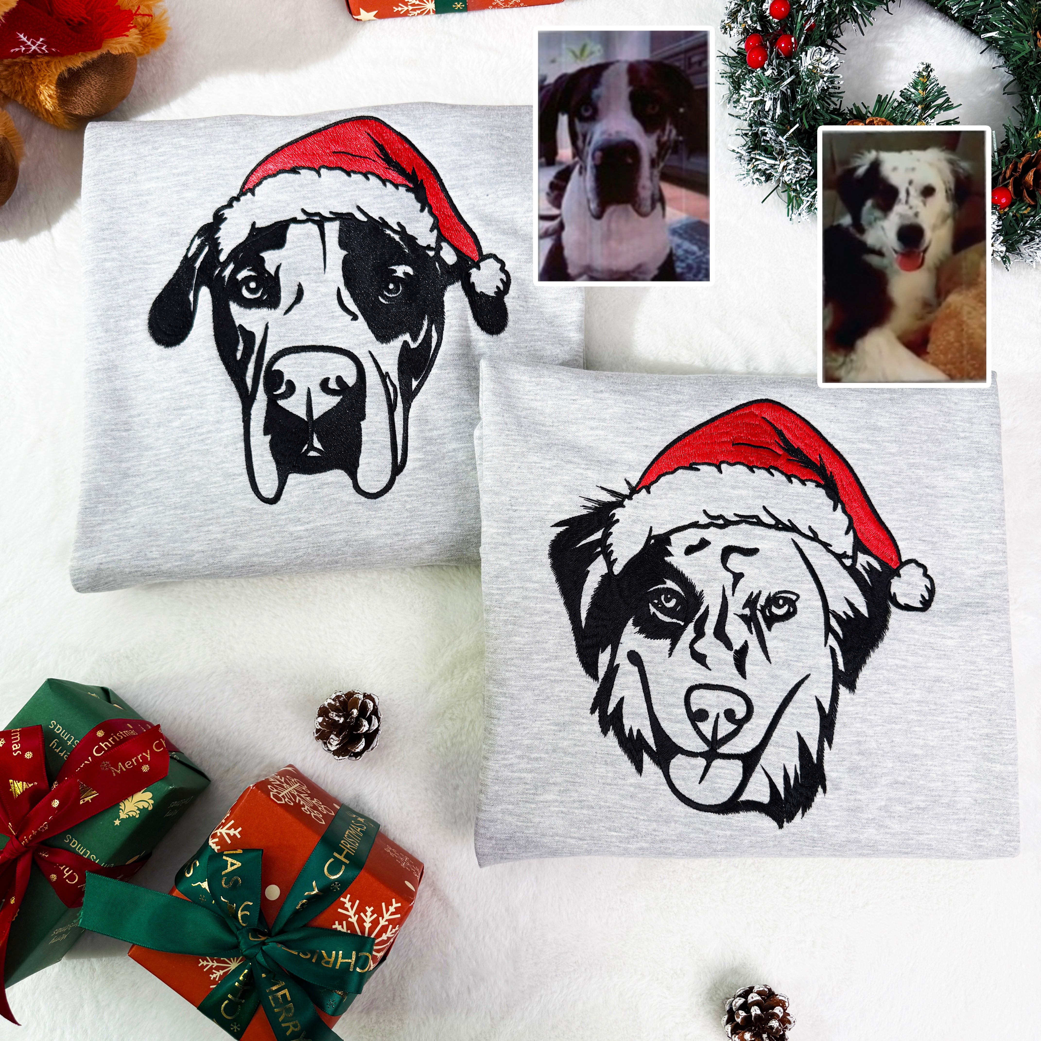 Custom Pet Face Embroidered Hoodie or Sweatshirt with Colorful Santa Hat , Christmas & Memorial Gift
