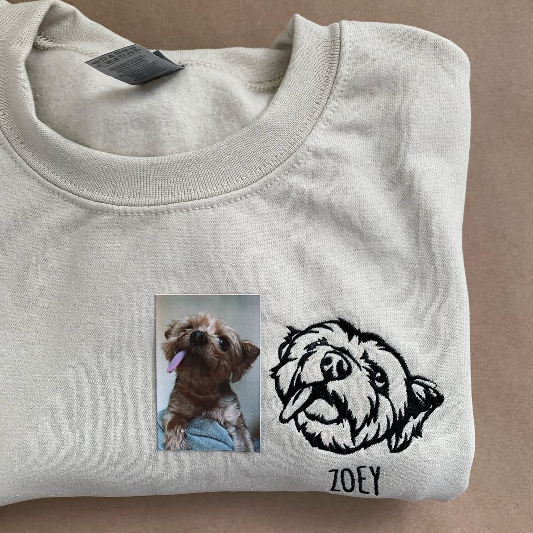 Custom Dog Dad Sweatshirt Embroidered Pet Face Name Portraits Photo on Sleeve