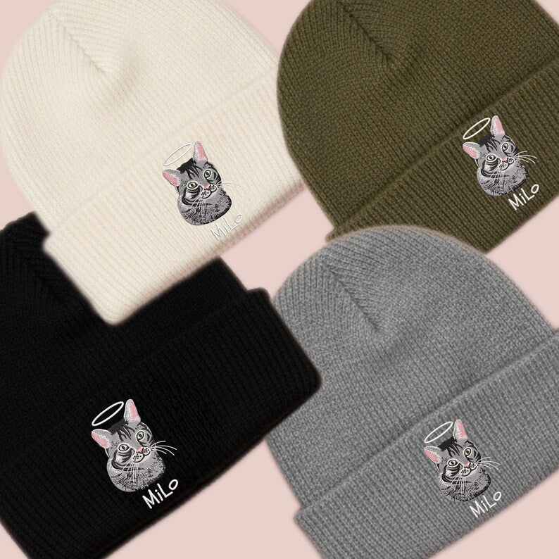 Embroidered Cat Photo Memorial Beanie, Custom Cat Portrait Beanie Gifts for Cat Mom, Christmas Gifts for Pet Lovers, Cat Lover Gift