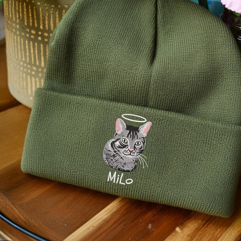 Embroidered Cat Photo Memorial Beanie, Custom Cat Portrait Beanie Gifts for Cat Mom, Christmas Gifts for Pet Lovers, Cat Lover Gift