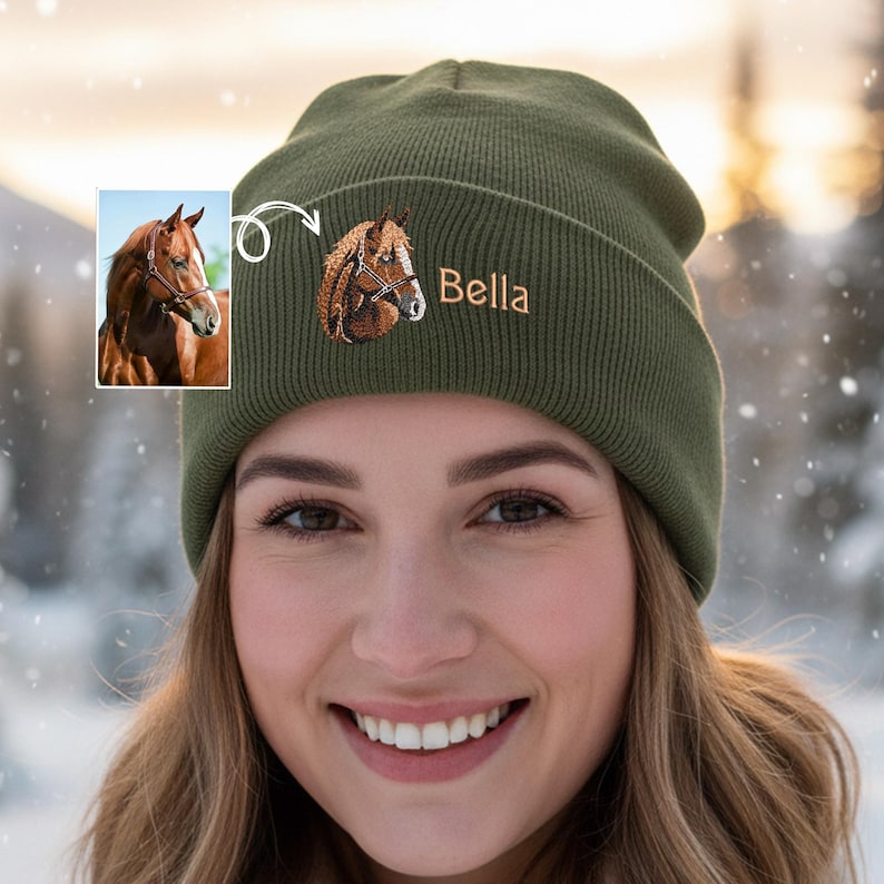 Custom Horse Photo Gift for Horse Lover, Personalized Embroidered Christmas Horse Portrait Beanie, Horse Mom Gift