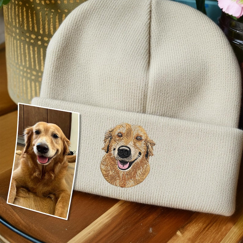 Custom Embroidered Dog Portrait Beanie, Pet Photo Beanie Gifts for Dog Mom, Personalized Christmas Gifts for Dog Owners, Dog Lover Gift