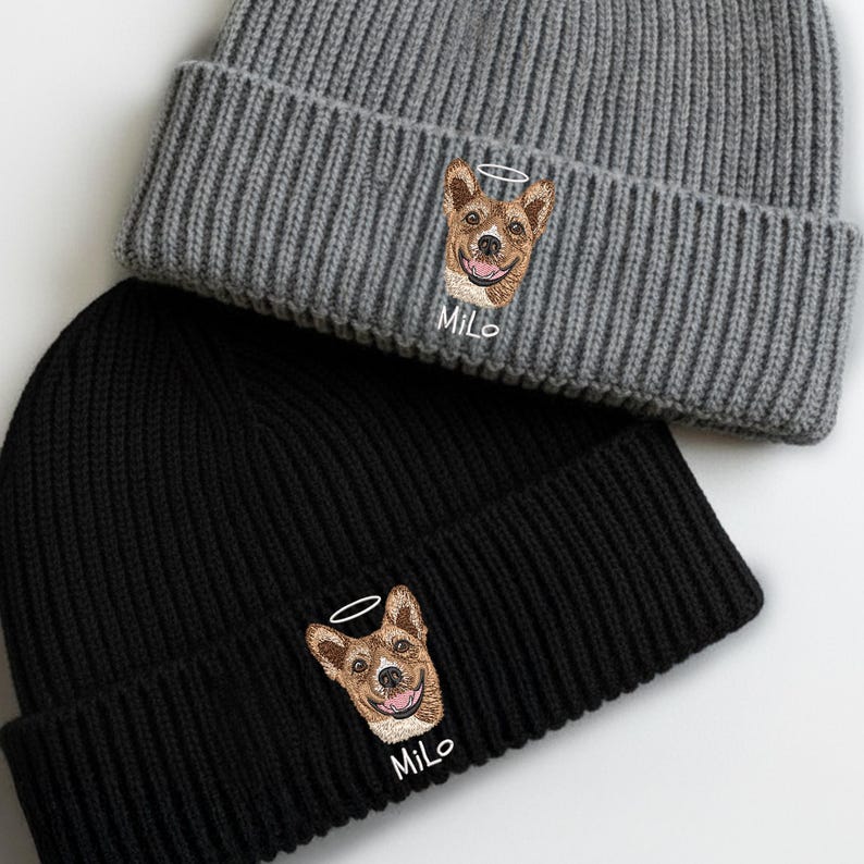 Embroidered Dog Photo Memorial Beanie, Custom Dog Portrait Beanie Gifts for Dog Mom, Christmas Gifts for Pet Lovers, Dog Loss Gift