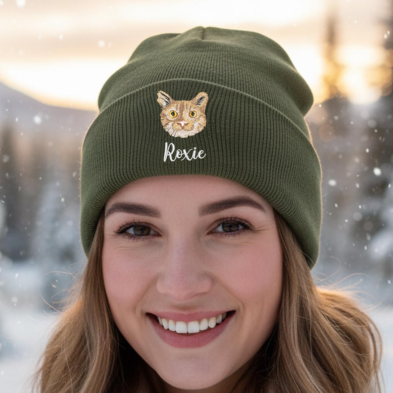 Personalized Embroidered Cat Photo Beanie, Custom Pet Portrait Winter Hat Gift for Cat Mom, Christmas Gift for Pet Lovers
