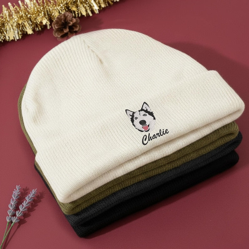 Custom Embroidered Dog Photo Beanie, Pet Photo Beanie Gifts for Dog Lovers, Personalized Christmas Gifts for Dog Mom
