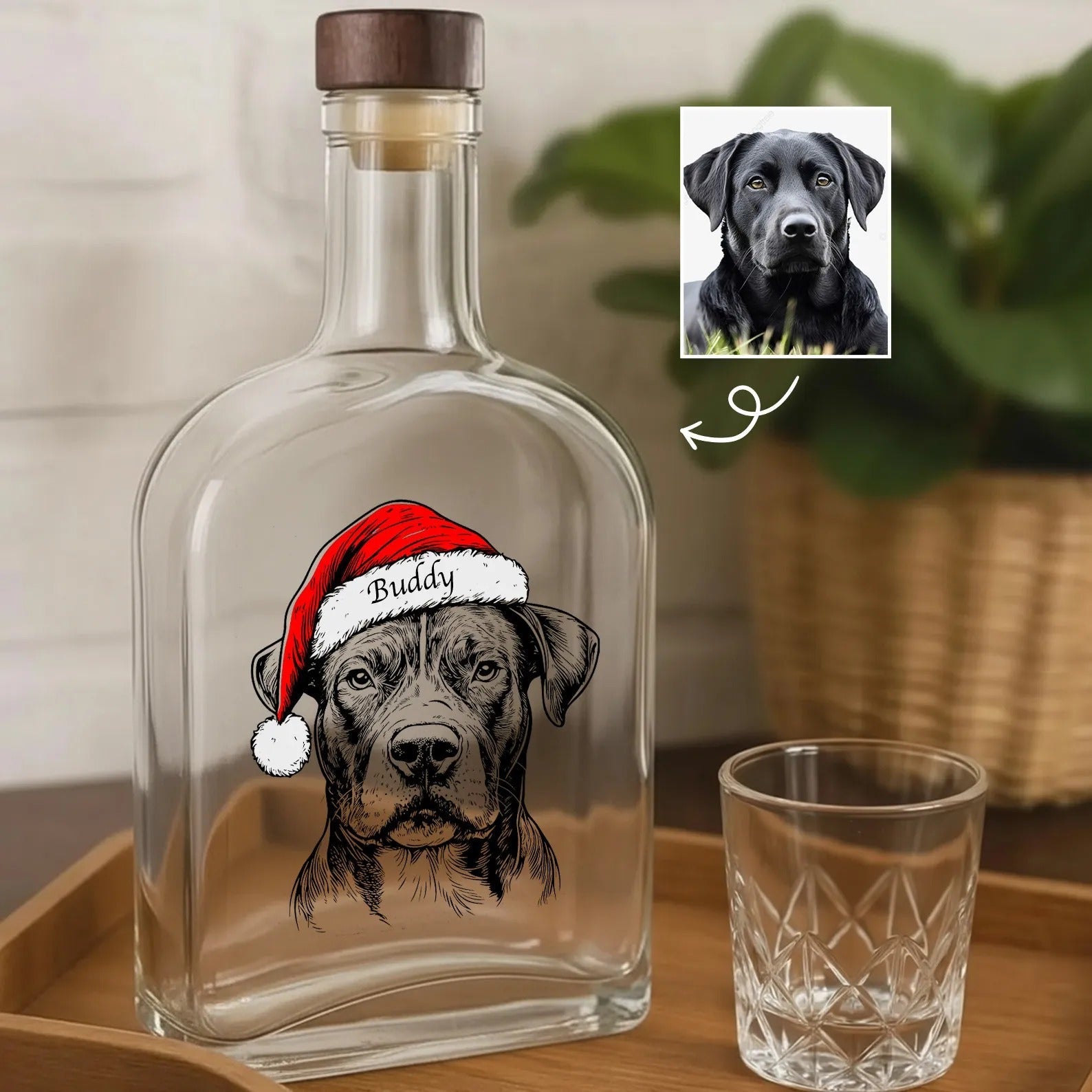 Custom Pet Portrait Christmas Whiskey Bottle | Personalized Dog/Cat Santa Hat Graphic Whiskey Bottle | Black Friday Sale