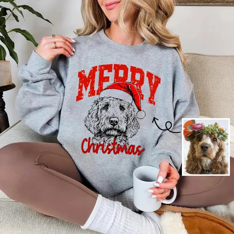 Custom Pet Merry Christmas Sweatshirt - Personalized Dog/Cat Portrait Santa Hat Hoodie