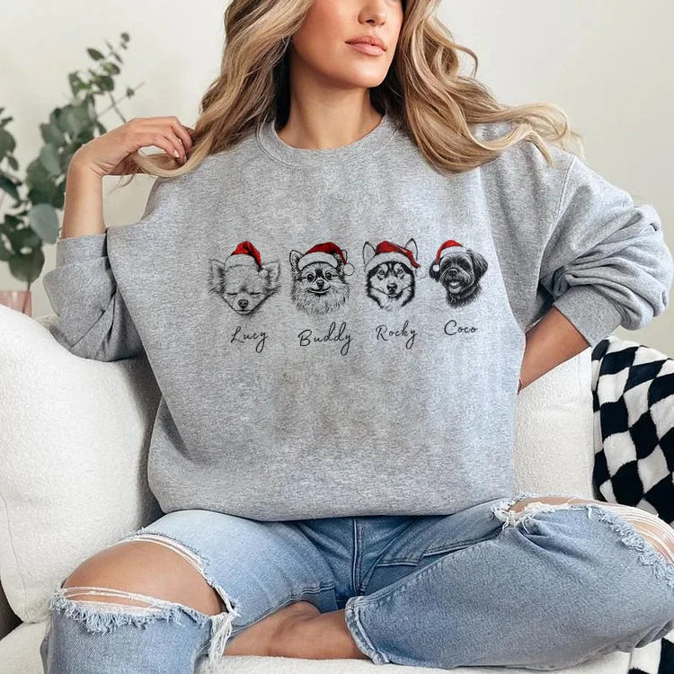 Custom Multiple Pets Christmas Sweatshirt - Personalized Dog/Cat Santa Hat Graphic Crewneck