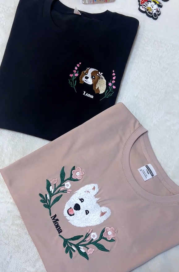 Custom Premium Handcrafted Pet Photo Embroidery T-shirt Sweatshirt Hoodie with Wreath Design