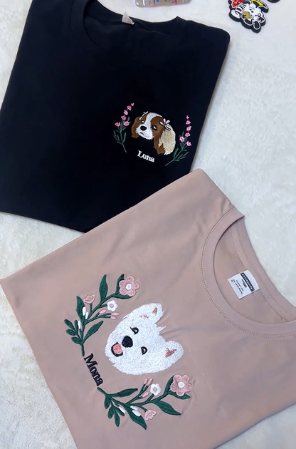 Custom Premium Handcrafted Pet Photo Embroidery T-shirt Sweatshirt Hoodie with Wreath Design