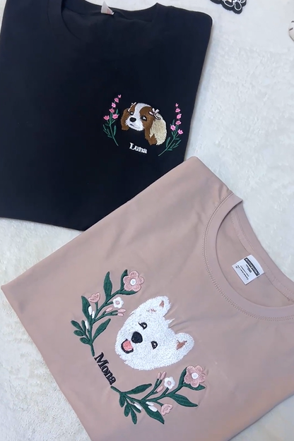 Custom Premium Handcrafted Pet Photo Embroidery T-shirt Sweatshirt Hoodie with Wreath Design