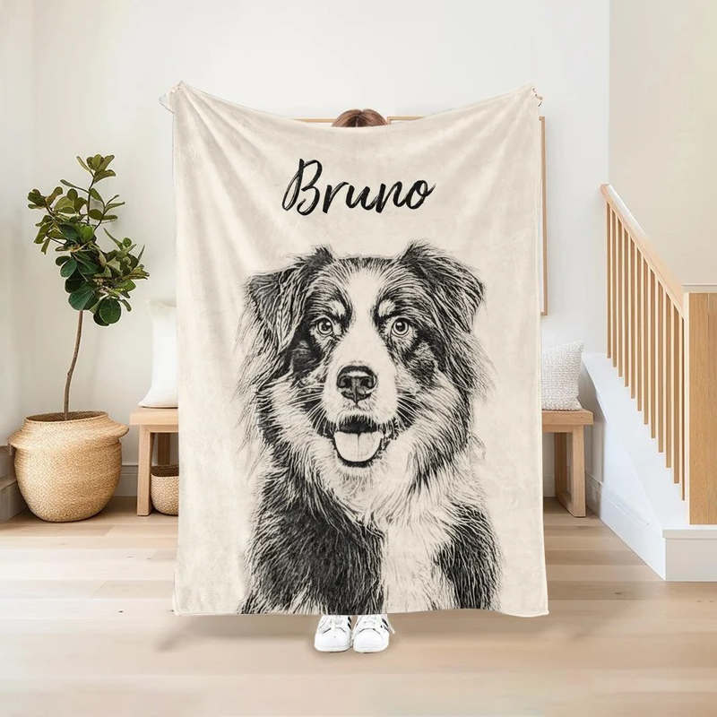Personalized Pet Pencil Art Portrait Blanket Custom Pet Memorial Fleece Blanket