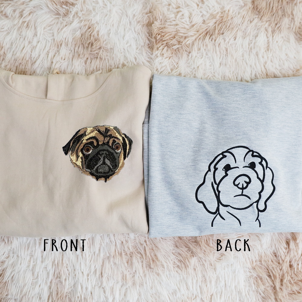 Custom Embroidered Pet Portrait Hoodie, Embroidered Pet Portrait on the Front and Back of Sweatshirt