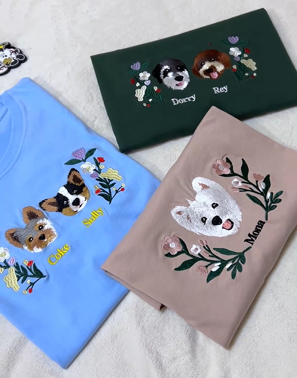 Custom Premium Handcrafted Pet Photo Embroidery T-shirt Sweatshirt Hoodie with Wreath Design
