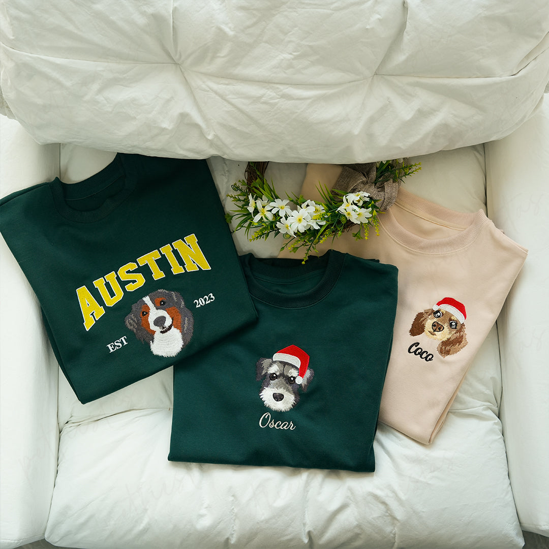 Custom Pet Portrait Embroidered Christmas Jumper, Sweatshirt, Hoodie, T-shirt, Perfect Xmas Gift