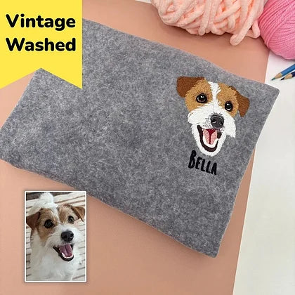 Custom Pet Portrait Exquisite Detail Embroidered Vintage Washed Sweatshirt T-Shirt Hoodie