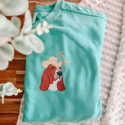 🐱🐶🤠Pet Portrait Embroidery – Custom Hat-Wearing Pet Embroidery on T-shirt, Sweatshirt, or Hoodie