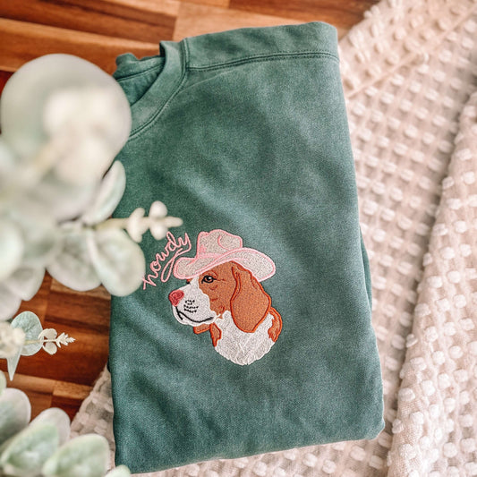 🐱🐶🤠Pet Portrait Embroidery – Custom Hat-Wearing Pet Embroidery on T-shirt, Sweatshirt, or Hoodie