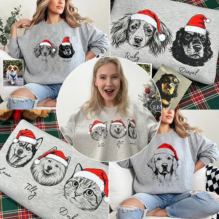 Custom Dog/Cat Santa Hat Graphic Christmas Crewneck Sweatshirt Hoodie