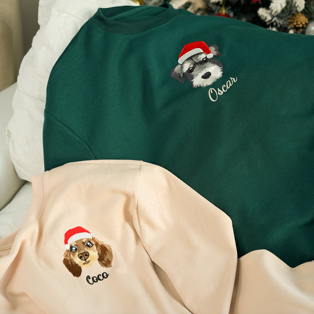 Custom Pet Portrait Embroidered Christmas Jumper, Sweatshirt, Hoodie, T-shirt, Perfect Xmas Gift