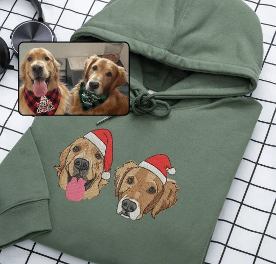 Custom Christmas Pet Face Embroidered Sweatshirt Hoodie For Pet Lovers, Dog Cat Horse Bunny