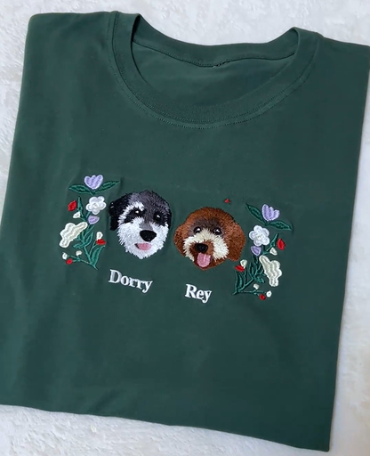 Custom Premium Handcrafted Pet Photo Embroidery T-shirt Sweatshirt Hoodie with Wreath Design