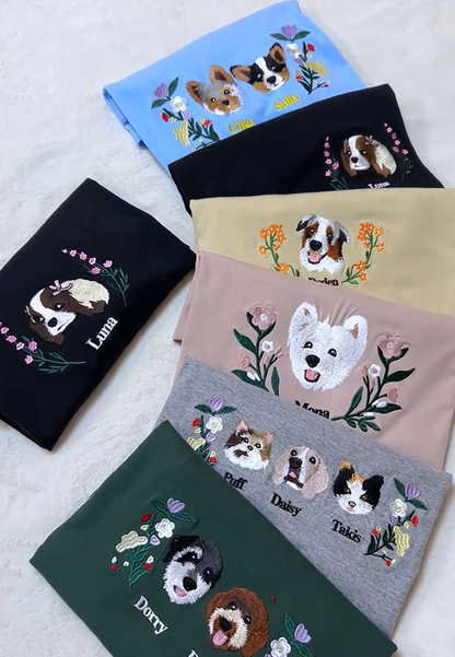 Custom Premium Handcrafted Pet Photo Embroidery T-shirt Sweatshirt Hoodie with Wreath Design