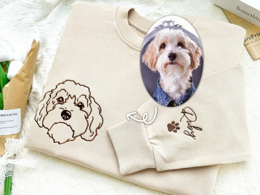 Embroidered Pet Face and Pet Name on Sleeve Sweatshirt for Pet Lovers