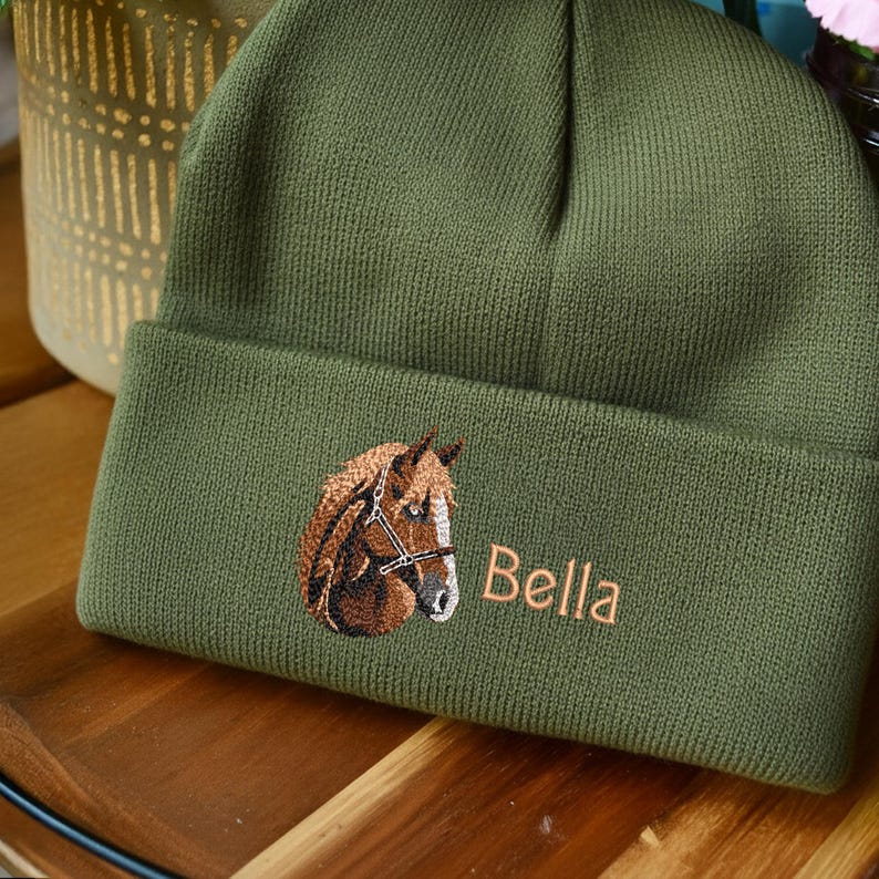 Custom Horse Photo Gift for Horse Lover, Personalized Embroidered Christmas Horse Portrait Beanie, Horse Mom Gift