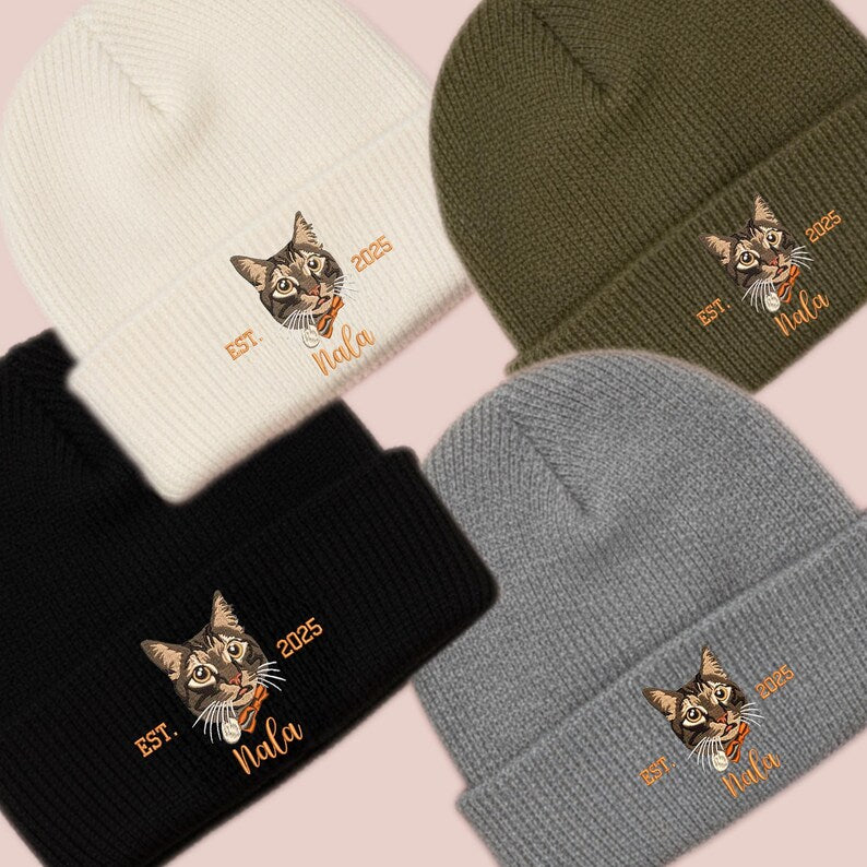 Custom Embroidered Cat Photo Beanie, Personalized Pet Portrait Winter Hat Gifts for Cat Mom, Unique Christmas Gifts for Pet Lovers