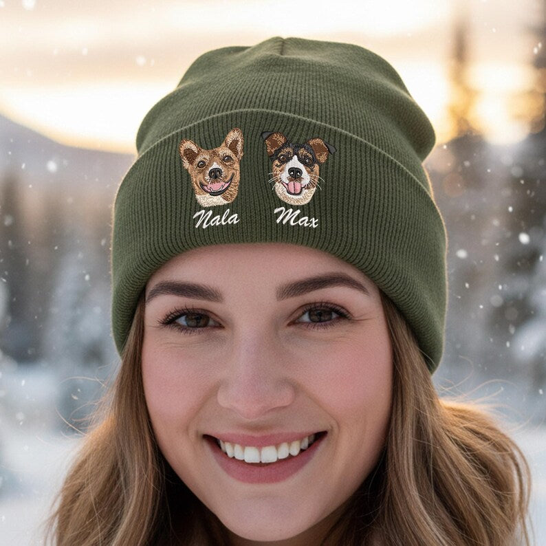 Custom Embroidered Dog Photo Winter Hat, Dog Portrait Beanie Gifts for Dog Mom&Dad