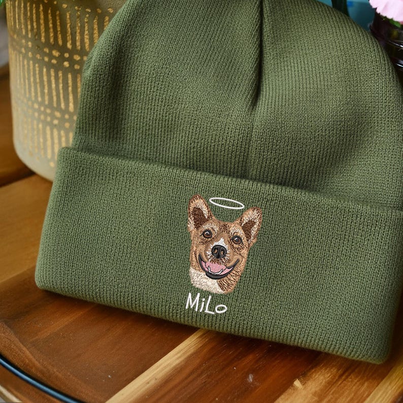 Embroidered Dog Photo Memorial Beanie, Custom Dog Portrait Beanie Gifts for Dog Mom, Christmas Gifts for Pet Lovers, Dog Loss Gift