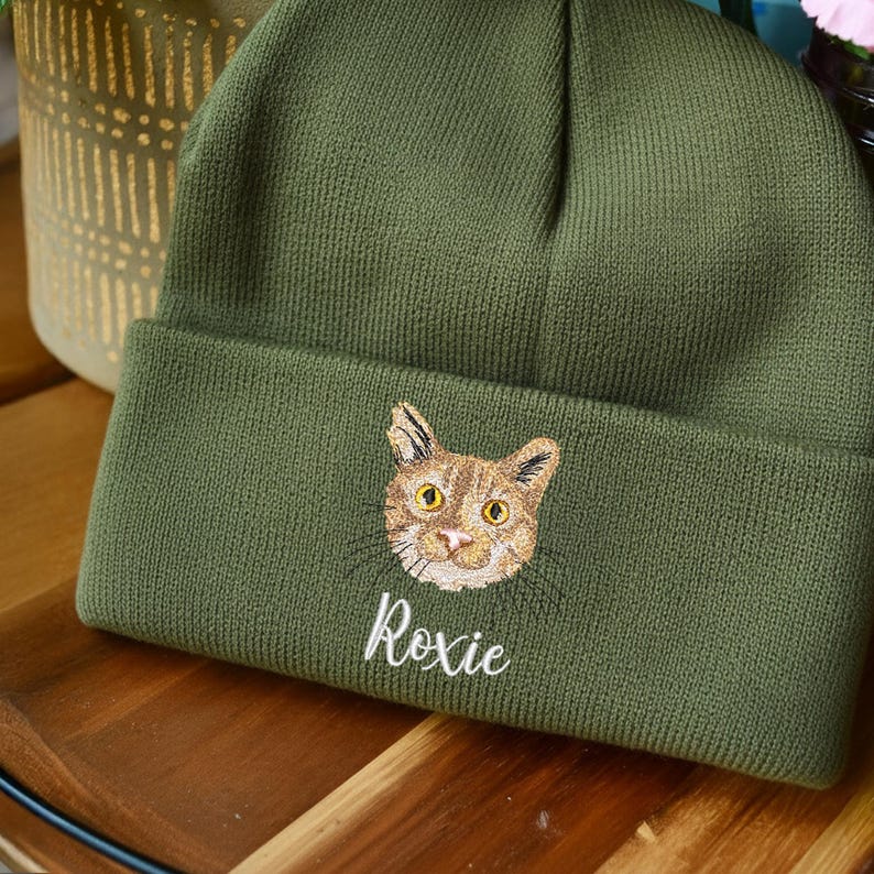 Personalized Embroidered Cat Photo Beanie, Custom Pet Portrait Winter Hat Gift for Cat Mom, Christmas Gift for Pet Lovers