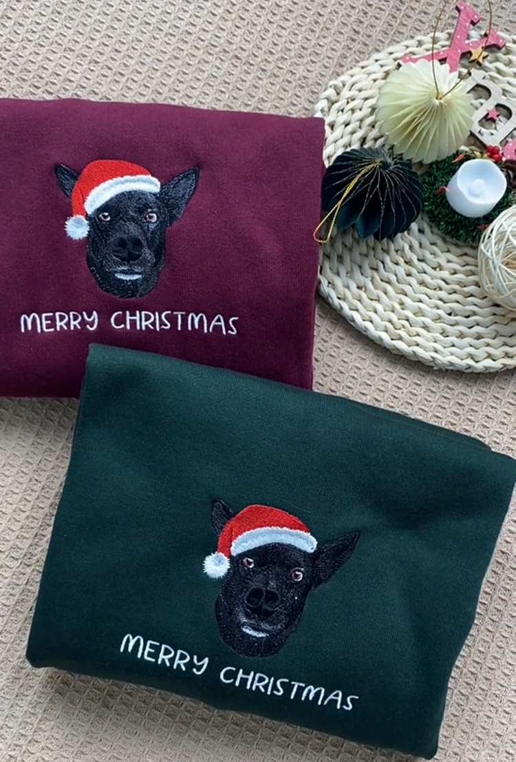 Custom Dog Cat Portrait Embroidered Christmas Sweatshirt Hoodie T-shirt